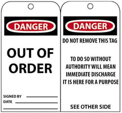 NMC - 3" High x 6" Long, DANGER - OUT OF ORDER, English Safety & Facility Accident Prevention Tag - Tag Header: Danger, 2 Sides, Black, Red & White Unrippable Vinyl - Top Tool & Supply