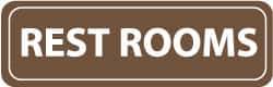 NMC - Rest Rooms, 11" Wide x 3.5" High, Acrylic Sign - English, White on Brown, Wall Mount - Top Tool & Supply