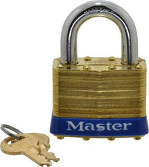 Master Lock - 1" Shackle Clearance, Keyed Alike Laminated Brass Padlock - 3/8" Shackle Diam, Brass - Top Tool & Supply