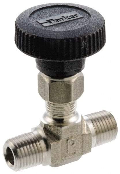 Parker - 5,000 Max psi, 3/8" Pipe, 316 Grade Stainless Steel, Inline Instrumentation Needle Valve - MNPT x MNPT End Connections - Top Tool & Supply