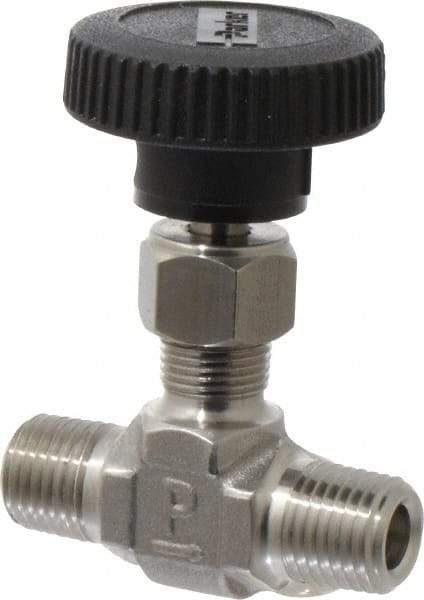 Parker - 5,000 Max psi, 1/4" Pipe, 316 Grade Stainless Steel, Inline Instrumentation Needle Valve - MNPT x MNPT End Connections - Top Tool & Supply