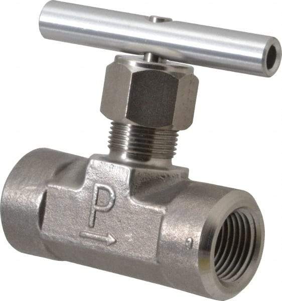 Parker - 5,000 Max psi, 1/2" Pipe, 316 Grade Stainless Steel, Inline Instrumentation Needle Valve - FNPT x FNPT End Connections - Top Tool & Supply