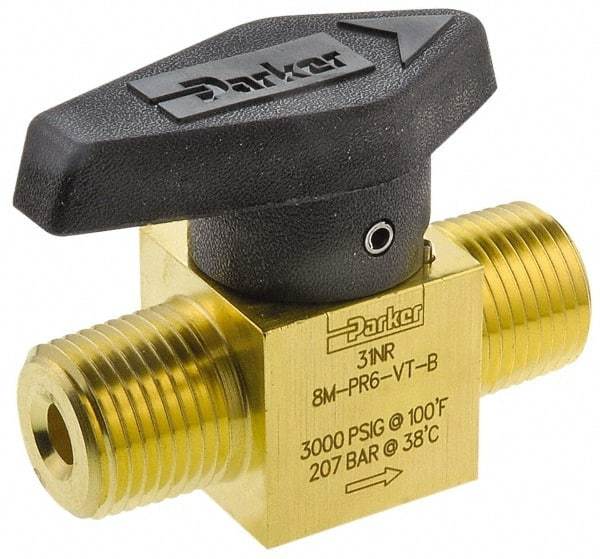 Parker - 1/2" Pipe, 3,000 psi WOG Rating, Brass, Inline, One Way Instrumentation Plug Valve - Wedge Handle, MNPT x MNPT End Connections, Viton Seal - Top Tool & Supply