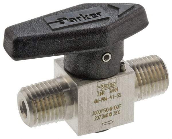 Parker - 1/8" Pipe, 3,000 psi WOG Rating, 316 Stainless Steel, Inline, One Way Instrumentation Plug Valve - Wedge Handle, MNPT x MNPT End Connections, Viton Seal - Top Tool & Supply