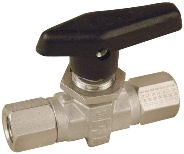 Parker - 1/8" Pipe, FNPT x FNPT End Connections, Stainless Steel, Inline, Two Way Flow, Instrumentation Ball Valve - 6,000 psi WOG Rating, Wedge Handle, PTFE Seal, PTFE Seat - Top Tool & Supply