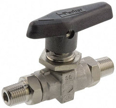 Parker - 3/8" Pipe, MNPT x MNPT End Connections, Stainless Steel, Inline, Two Way Flow, Instrumentation Ball Valve - 6,000 psi WOG Rating, Wedge Handle, PTFE Seal, PTFE Seat - Top Tool & Supply