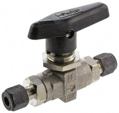 Parker - 1/4" Pipe, Compression x Compression CPI End Connections, Stainless Steel, Inline, Two Way Flow, Instrumentation Ball Valve - 6,000 psi WOG Rating, Wedge Handle, PTFE Seal, PTFE Seat - Top Tool & Supply