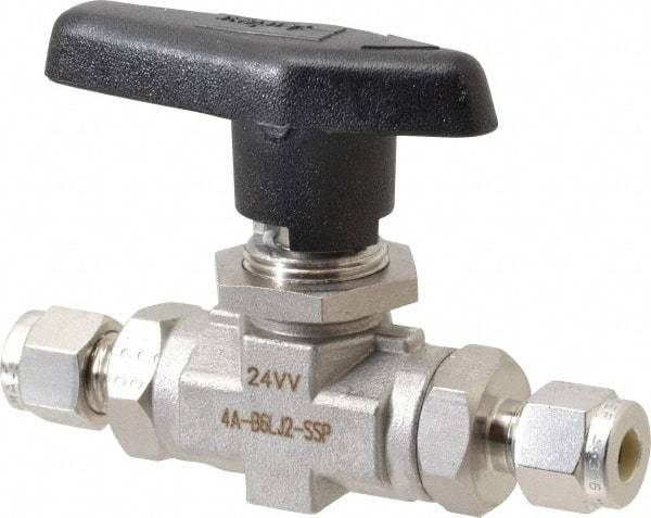 Parker - 1/4" Pipe, Stainless Steel, Inline, Two Way Flow, Instrumentation Ball Valve - 6,000 psi WOG Rating, Wedge Handle, PTFE Seal, PTFE Seat - Top Tool & Supply