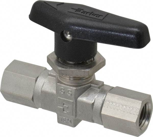 Parker - 1/4" Pipe, FNPT x FNPT End Connections, Stainless Steel, Inline, Two Way Flow, Instrumentation Ball Valve - 6,000 psi WOG Rating, Wedge Handle, PTFE Seal, PTFE Seat - Top Tool & Supply