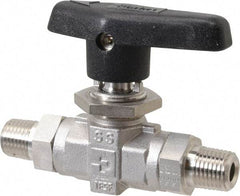 Parker - 1/4" Pipe, MNPT x MNPT End Connections, Stainless Steel, Inline, Two Way Flow, Instrumentation Ball Valve - 6,000 psi WOG Rating, Wedge Handle, PTFE Seal, PTFE Seat - Top Tool & Supply