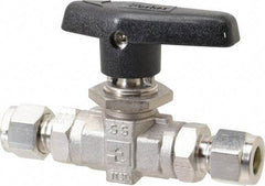 Parker - 3/8" Pipe, Stainless Steel, Inline, Two Way Flow, Instrumentation Ball Valve - 6,000 psi WOG Rating, Wedge Handle, PTFE Seal, PTFE Seat - Top Tool & Supply