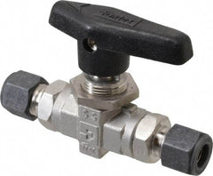 Parker - 3/8" Pipe, Compression x Compression CPI End Connections, Stainless Steel, Inline, Two Way Flow, Instrumentation Ball Valve - 6,000 psi WOG Rating, Wedge Handle, PTFE Seal, PTFE Seat - Top Tool & Supply