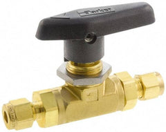 Parker - 1/4" Pipe, Brass, Inline, Two Way Flow, Instrumentation Ball Valve - 3,000 psi WOG Rating, Wedge Handle, PTFE Seal, PTFE Seat - Top Tool & Supply