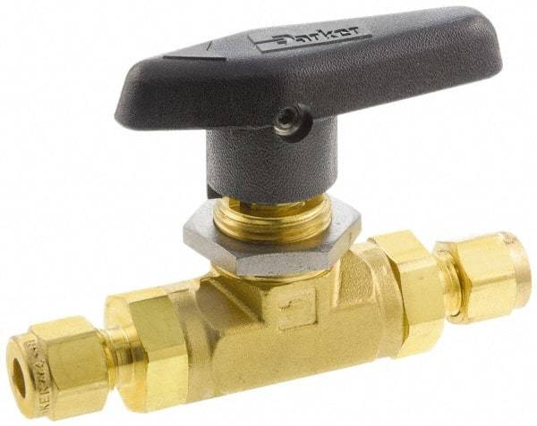 Parker - 1/2" Pipe, Compression x Compression CPI End Connections, Brass, Inline, Two Way Flow, Instrumentation Ball Valve - 3,000 psi WOG Rating, Wedge Handle, PTFE Seal, PTFE Seat - Top Tool & Supply