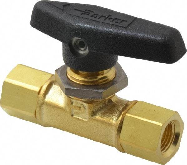 Parker - 1/8" Pipe, FNPT x FNPT End Connections, Brass, Inline, Two Way Flow, Instrumentation Ball Valve - 3,000 psi WOG Rating, Wedge Handle, PTFE Seal, PTFE Seat - Top Tool & Supply