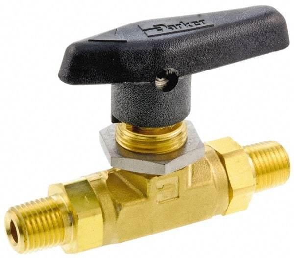 Parker - 3/8" Pipe, MNPT x MNPT End Connections, Brass, Inline, Two Way Flow, Instrumentation Ball Valve - 3,000 psi WOG Rating, Wedge Handle, PTFE Seal, PTFE Seat - Top Tool & Supply