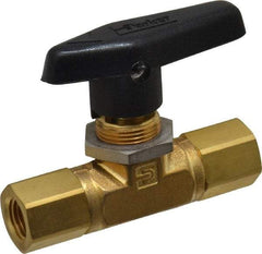 Parker - 1/4" Pipe, FNPT x FNPT End Connections, Brass, Inline, Two Way Flow, Instrumentation Ball Valve - 3,000 psi WOG Rating, Wedge Handle, PTFE Seal, PTFE Seat - Top Tool & Supply