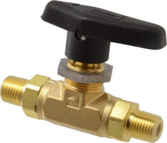 Parker - 1/4" Pipe, MNPT x MNPT End Connections, Brass, Inline, Two Way Flow, Instrumentation Ball Valve - 3,000 psi WOG Rating, Wedge Handle, PTFE Seal, PTFE Seat - Top Tool & Supply