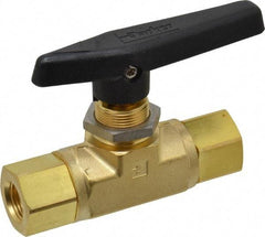 Parker - 3/8" Pipe, FNPT x FNPT End Connections, Brass, Inline, Two Way Flow, Instrumentation Ball Valve - 3,000 psi WOG Rating, Wedge Handle, PTFE Seal, PTFE Seat - Top Tool & Supply