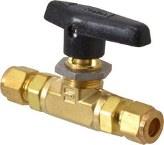 Parker - 3/8" Pipe, Compression x Compression CPI End Connections, Brass, Inline, Two Way Flow, Instrumentation Ball Valve - 3,000 psi WOG Rating, Wedge Handle, PTFE Seal, PTFE Seat - Top Tool & Supply