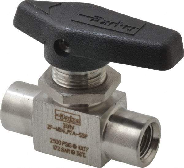 Parker - 1/8" Pipe, FNPT x FNPT End Connections, Stainless Steel, Inline, Two Way Flow, Instrumentation Ball Valve - 2,500 psi WOG Rating, Wedge Handle, PFA Seat - Top Tool & Supply