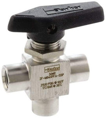 Parker - 1/8" Pipe, FNPT x FNPT x FNPT End Connections, Stainless Steel, Three Way, Instrumentation Ball Valve - 2,500 psi WOG Rating, Wedge Handle, PFA Seat - Top Tool & Supply