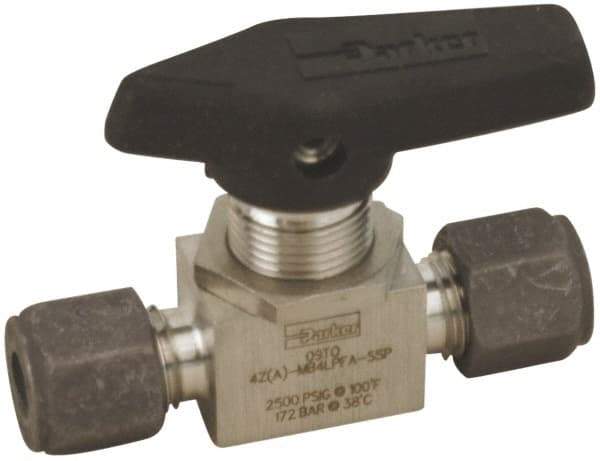 Parker - 1/4" Pipe, Compression x Compression CPI End Connections, Stainless Steel, Inline, Two Way Flow, Instrumentation Ball Valve - 2,500 psi WOG Rating, Wedge Handle, PFA Seat - Top Tool & Supply