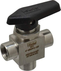 Parker - 1/4" Pipe, FNPT x FNPT x FNPT End Connections, Stainless Steel, Three Way, Instrumentation Ball Valve - 3,000 psi WOG Rating, Wedge Handle, PFA Seat - Top Tool & Supply