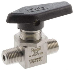 Parker - 1/4" Pipe, MNPT x MNPT End Connections, Stainless Steel, Inline, Two Way Flow, Instrumentation Ball Valve - 3,000 psi WOG Rating, Wedge Handle, PFA Seat - Top Tool & Supply