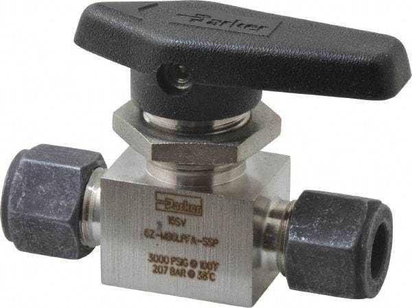 Parker - 3/8" Pipe, Compression x Compression CPI End Connections, Stainless Steel, Inline, Two Way Flow, Instrumentation Ball Valve - 3,000 psi WOG Rating, Wedge Handle, PFA Seat - Top Tool & Supply