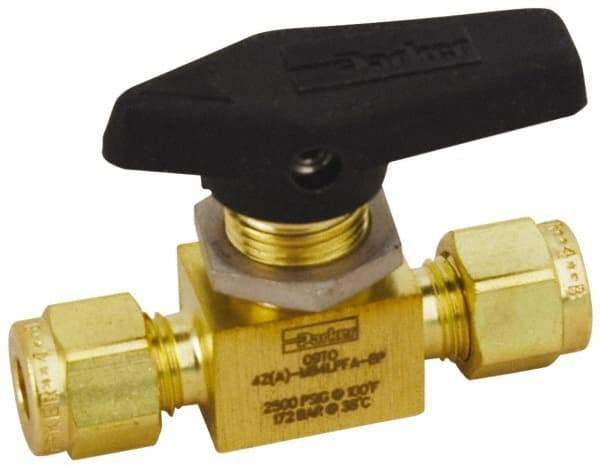 Parker - 1/8" Pipe, Brass, Inline, Two Way Flow, Instrumentation Ball Valve - 2,500 psi WOG Rating, Wedge Handle, PFA Seat - Top Tool & Supply