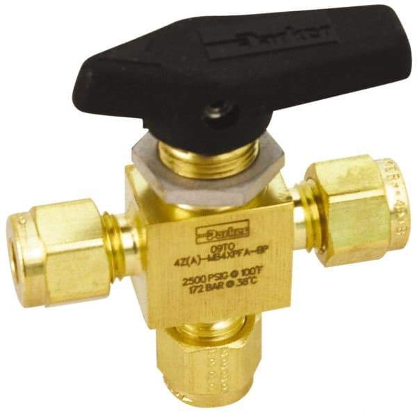 Parker - 3/8" Pipe, Brass, Three Way, Instrumentation Ball Valve - 3,000 psi WOG Rating, Wedge Handle, PFA Seat - Top Tool & Supply