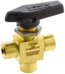 Parker - 1/8" Pipe, FNPT x FNPT x FNPT End Connections, Brass, Three Way, Instrumentation Ball Valve - 2,500 psi WOG Rating, Wedge Handle, PFA Seat - Top Tool & Supply