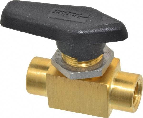 Parker - 1/4" Pipe, FNPT x FNPT End Connections, Brass, Inline, Two Way Flow, Instrumentation Ball Valve - 3,000 psi WOG Rating, Wedge Handle, PFA Seat - Top Tool & Supply