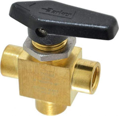 Parker - 1/4" Pipe, FNPT x FNPT x FNPT End Connections, Brass, Three Way, Instrumentation Ball Valve - 3,000 psi WOG Rating, Wedge Handle, PFA Seat - Top Tool & Supply