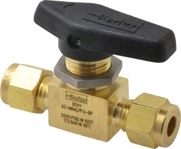 Parker - 1/4" Pipe, Compression x Compression CPI End Connections, Brass, Inline, Two Way Flow, Instrumentation Ball Valve - 2,500 psi WOG Rating, Wedge Handle, PFA Seat - Top Tool & Supply