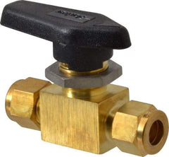 Parker - 3/8" Pipe, Brass, Inline, Two Way Flow, Instrumentation Ball Valve - 3,000 psi WOG Rating, Wedge Handle, PFA Seat - Top Tool & Supply