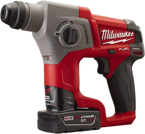 Milwaukee Tool - 12 Volt SDS Plus Chuck Cordless Rotary Hammer - 0 to 6,200 BPM, 0 to 900 RPM, Reversible - Top Tool & Supply