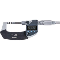 Mitutoyo - 0 to 1" Range, 0.00005" Resolution, Blade Throat IP54 Electronic Outside Micrometer - 0.00015" Accuracy, Ratchet Stop Thimble, Carbide-Tipped Face, SR44 Battery - Top Tool & Supply