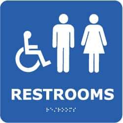 NMC - Restrooms, 8" Wide x 8" High, Plastic Sign - English, Braille, White on Blue, Wall Mount - Top Tool & Supply