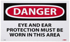 NMC - Accident Prevention Label, Header: DANGER - Legend: Danger - Eye and Ear Protection Must Be Worn in This Area, English, Red, Black & White, 5" Long x 3" High, Sign Muscle Finish - Top Tool & Supply