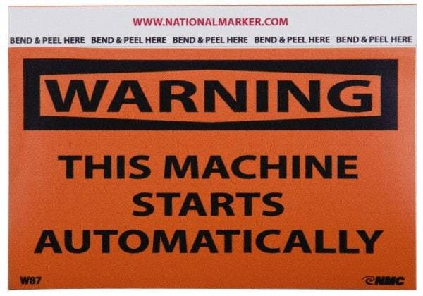 NMC - Accident Prevention Label, Header: WARNING - Legend: Warning - This Machine Starts Automatically, English, Black & Orange, 5" Long x 3" High, Sign Muscle Finish - Top Tool & Supply