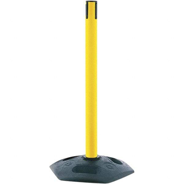 Tensator - 38" High, 2-1/2" Pole Diam, Tensabarrier Post - 19" Base Diam, Octagon Rubber Base, Yellow Plastic Post, Tape, Single Line Tape, For Outdoor Use - Top Tool & Supply