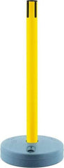 Tensator - 38" High, 2-1/2" Pole Diam, Tensabarrier Post - 15" Base Diam, Round Plastic Base, Yellow Plastic Post, Tape, Single Line Tape, For Outdoor Use - Top Tool & Supply