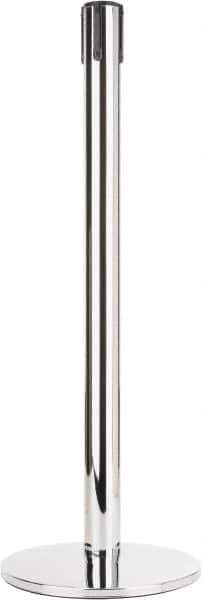 Tensator - 38" High, 2-1/2" Pole Diam, Tensabarrier Post - 14" Base Diam, Round Heavy Gauge Steel Base, Polished Chrome (Color) Steel Post, Tape, Single Line Tape - Top Tool & Supply