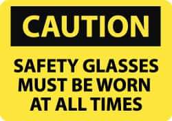 NMC - "Caution - Safety Glasses Must Be Worn at All Times", 10" Long x 14" Wide, Aluminum Safety Sign - Rectangle, 0.04" Thick, Use for Accident Prevention - Top Tool & Supply