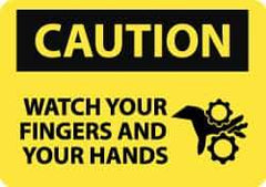 NMC - "Caution - Watch Your Fingers and Your Hands", 10" Long x 14" Wide, Pressure-Sensitive Vinyl Safety Sign - Rectangle, 0.004" Thick, Use for Accident Prevention - Top Tool & Supply