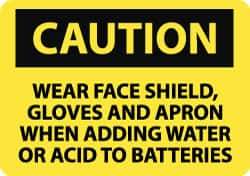 NMC - "Caution - Wear Face Shield Gloves and Apron When Adding Water or Acid to Batteries", 10" Long x 14" Wide, Pressure-Sensitive Vinyl Safety Sign - Rectangle, 0.004" Thick, Use for Accident Prevention - Top Tool & Supply