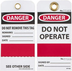 NMC - 3" High x 6" Long, DANGER - DO NOT OPERATE, English Safety & Facility Accident Prevention Tag - Tag Header: Danger, 2 Sides, Black, Red & White Unrippable Vinyl - Top Tool & Supply