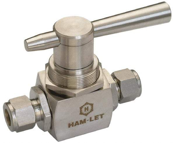 Ham-Let - 3/8" Pipe, Stainless Steel, Three Way, Instrumentation Ball Valve - 6,000 psi WOG Rating, Tee Handle, PTFE Seal, KEL-F Seat - Top Tool & Supply